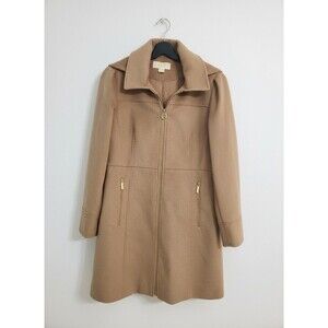 Michael Kors women's camel wool-blend zip-front coat with a hood. size L